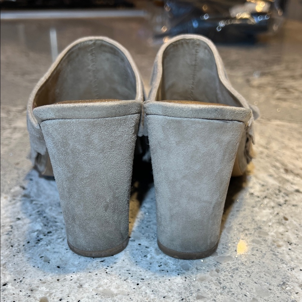 Anthropologie Liendo by Seychelles Taupe Ruffled Suede Wedge Slides Size 7 - Picture 7 of 10